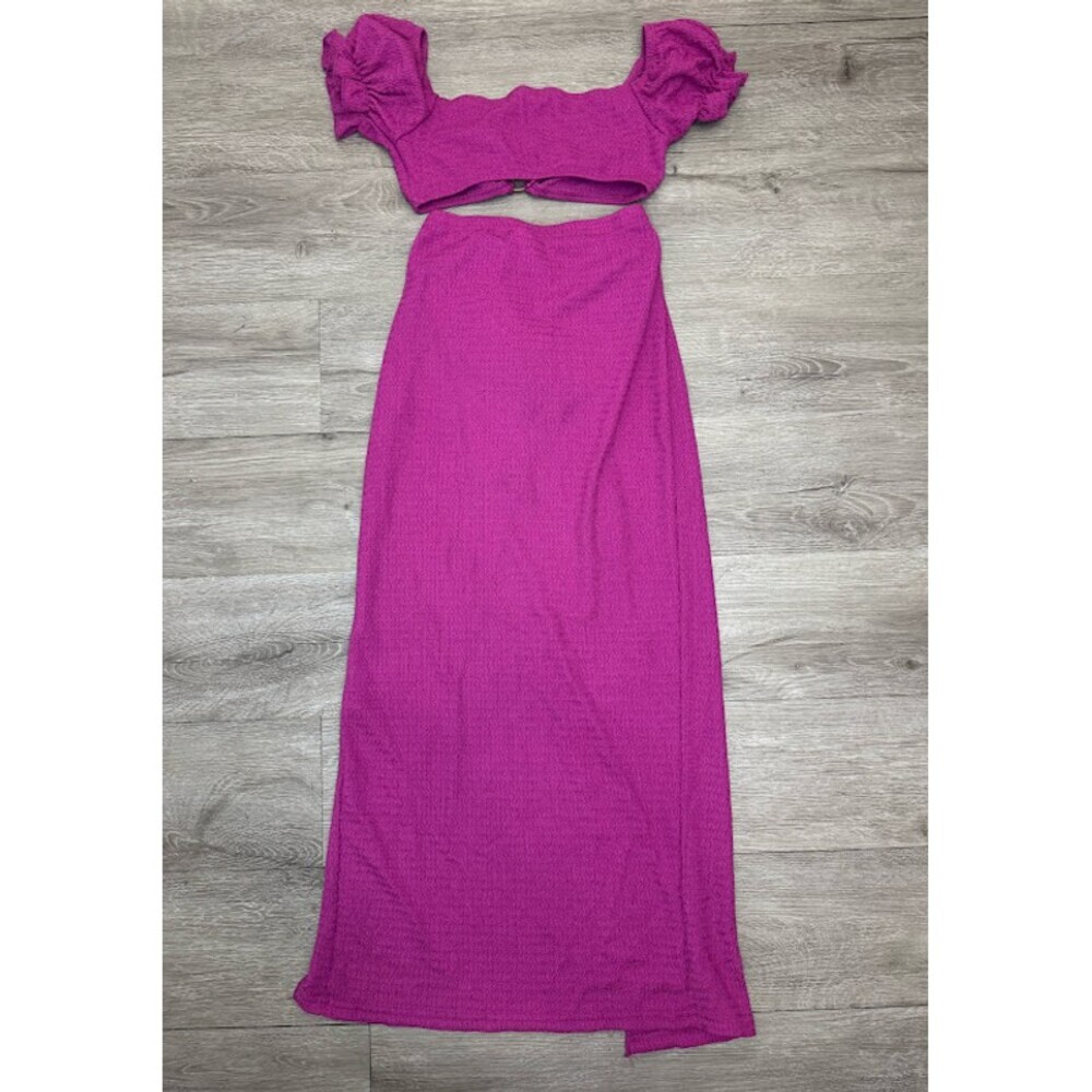 Purple Textured 2 Piece Skirt Set Puff Sleeve Crop Top Wrap Maxi Skirt XS - Picture 5 of 7